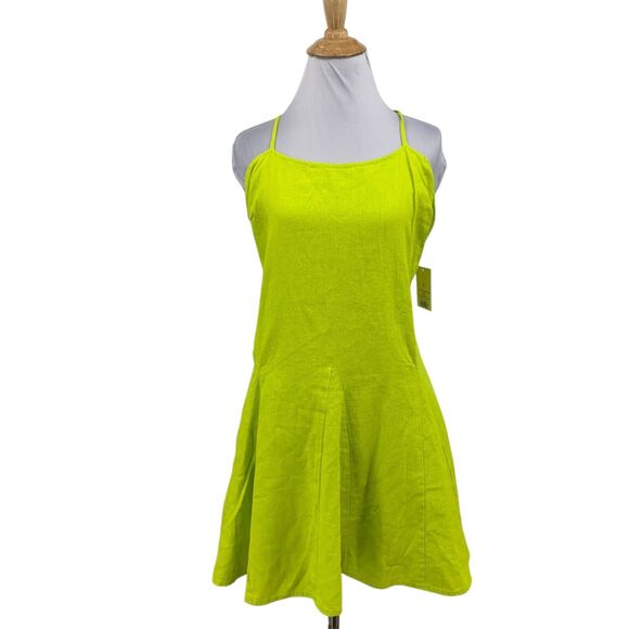 A New Day Dress Womens Medium Acid Lime Linen Blend Beach Bungalow Tie Back Mini - Picture 1 of 12